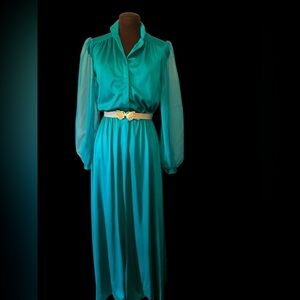 Vintage Teal Dress with Sheer Sleeves
